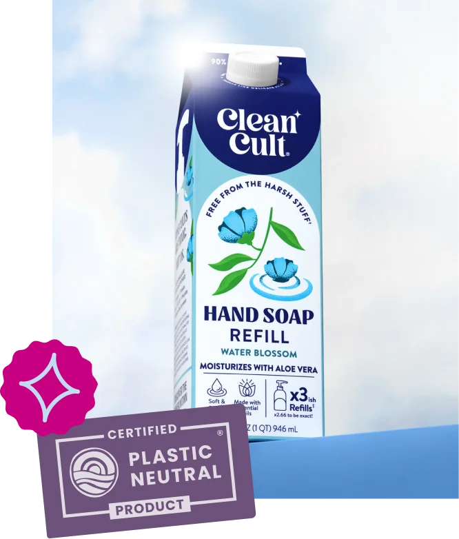 A hand soap refill carton with the Certified Plastic Neutral Product badge