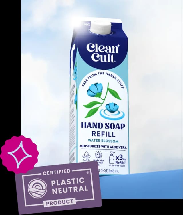 A hand soap refill carton with the Certified Plastic Neutral Product badge