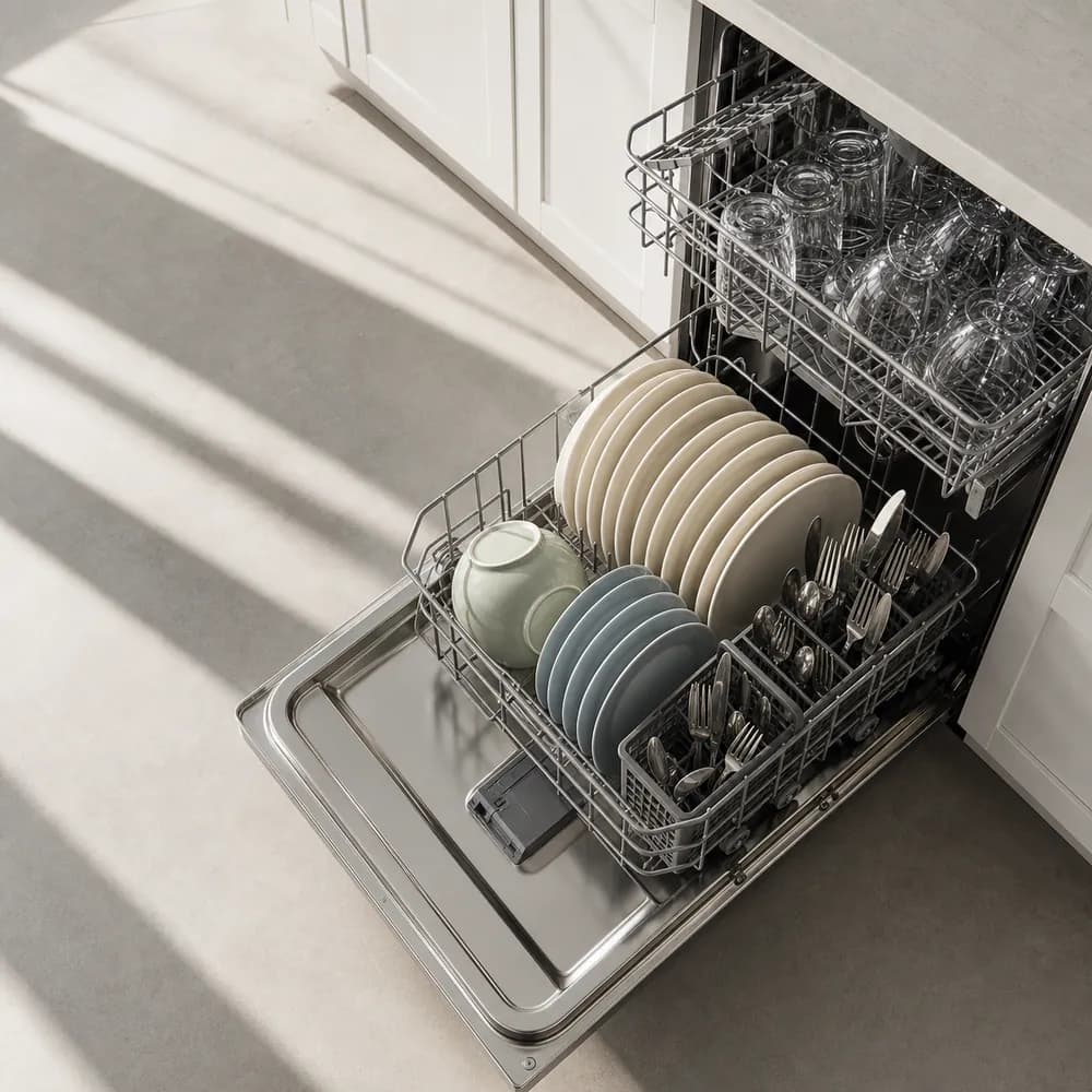 Clean plates and bowls in an open dishwasher rack in the sun