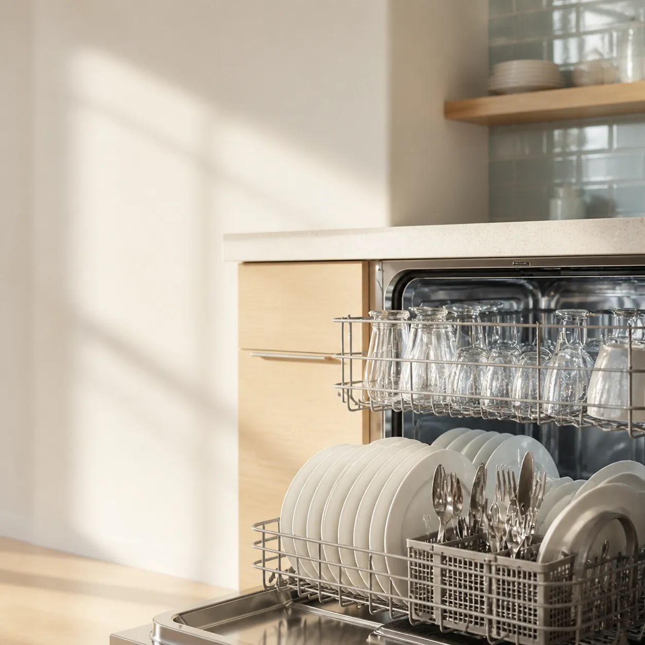 Sparkling clean glasses in an open dishwasher in morning light